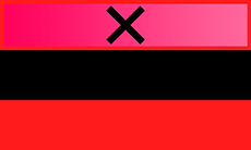 Retângulo composto por três faixas horizontais de tamanho igual, sendo uma rosa, uma preta, e uma vermelha. A faixa rosa possui um leve degradê de um rosa mais escuro para um mais claro, da esquerda para a direita, além de ser sobreposta por um X preto no centro e por uma borda vermelha.
