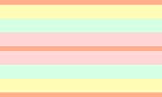 Retângulo formado por 9 faixas horizontais de cores pastéis, na seguinte ordem: laranja, amarela, verde, rosa, laranja, rosa, verde, amarela, e laranja. As faixas laranja possuem um terço do tamanho das outras.