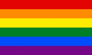 Bandeira formada por 6 faixas horizontais, nas cores vermelha, laranja, amarela, verde, azul e roxa