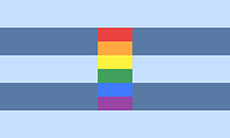 Bandeira composta por cinco faixas horizontais do mesmo tamanho, nas cores azul clara, azul desbotada, azul clara, azul desbotada e azul clara. Ocupando uma parcela das três faixas centrais, há uma faixa vertical com as cores da bandeira arco-íris.