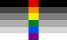 Esta bandeira é similar à anterior, porém em sua faixa vertical central, ao invés de três cores, são seis, cada uma correspondendo a uma faixa preta/cinza/branca existente, nas cores da bandeira arco-íris (vermelha, laranja, amarela, verde, azul, roxa).
