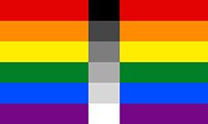 Bandeira arco-íris de seis faixas. Porém, o centro de cada faixa muda de cor, sendo que o centro da primeira faixa é preto, da última faixa é branco e o resto são tons de cinza que variam de um mais escuro para um mais claro.