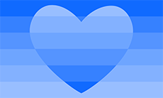 Retângulo composto por seis faixas horizontais de mesmo tamanho, em tons de azul que variam de um médio escuro até um médio claro, sobrepostas por um coração dividido em faixas em uma sequência de tons oposta