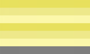 Bandeira composta por 7 faixas horizontais do mesmo tamanho, nas cores amarela, amarela pálida, amarela clara, amarela, amarela pálida, amarela clara e cinza.