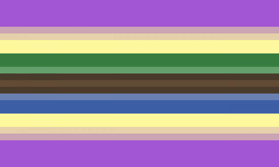 Bandeira composta por 15 faixas horizontais, na proporção 4:1:1:2:2:1:1:1:1:1:2:2:1:1:4. As cores de suas faixas são roxa, roxa acinzentada, amarela acinzentada, amarela clara, verde escura, verde pálida, marrom escura, marrom, marrom escura, azul pálida, azul, amarela clara, amarela acinzentada, roxa acinzentada e roxa.