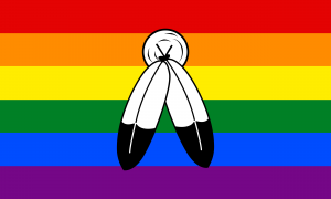 Uma bandeira arco-íris (6 faixas horizontais de mesmo tamanho, vermelha/laranja/amarela/verde/azul/roxa) com um símbolo composto por um círculo branco com riscos pretos e duas penas brancas com pontas pretas em seu centro.