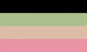 Um retângulo separado em quatro faixas horizontais do mesmo tamanho, sendo a primeira preta, a segunda verde musgo clara, a terceira rosa clara e a quarta rosa