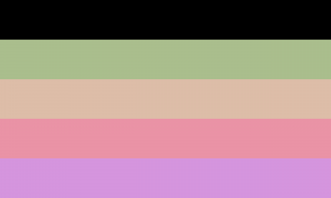 Um retângulo dividido em cinco faixas horizontais do mesmo tamanho. As cores de cada faixa são, respectivamente, preta, verde musgo clara, rosa clara, rosa e roxa clara.