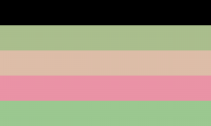 Um retângulo composto por cinco faixas horizontais do mesmo tamanho, nas cores preta, verde musgo clara, rosa clara, rosa e verde clara.