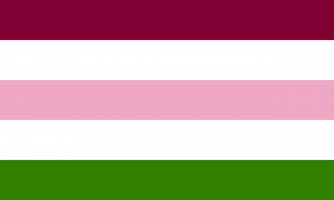 Um retângulo composto por cinco faixas horizontais do mesmo tamanho. As faixas são, respectivamente, vinho, branca, rosa, branca e verde escura.