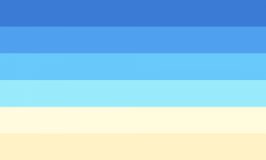 Descrição da imagem: um retângulo composto de seis faixas horizontais de mesmo tamanho. As quatro primeiras formam um degradê de azul até ciano claro, a quinta é um tom claro de creme, e a última é um tom não tão claro de creme.