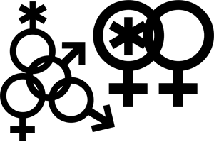 Description: A black Mars symbol interlocked with another Mars symbol, a Venus symbol and a nonbinary symbol and two interlocked Venus symbols, one of those containing an asterisk within its circle