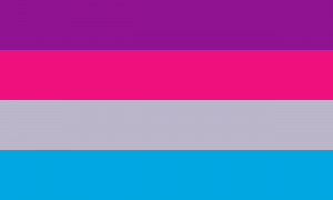 4 faixas horizontais: roxa/rosa/cinza/azul