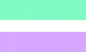 Uma bandeira composta de três faixas horizontais: a de cima verde clara, a do centro branca, e a de baixo roxa clara. A faixa central é menor do que as demais.