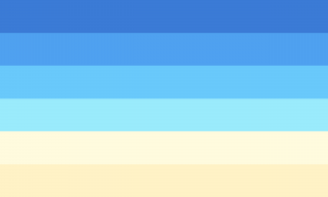 Seis faixas horizontais do mesmo tamanho. As primeiras quatro faixas são em tons de azul que vão de um tom quase escuro até um tom pastel. A quinta faixa é amarela quase branca e a última é amarela clara.