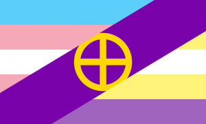 Um retângulo que une as bandeiras trans, ipso e ulter em faixas diagonais