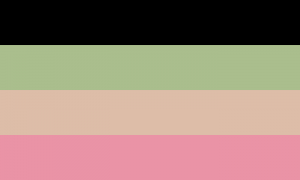 Um retângulo separado em quatro faixas horizontais do mesmo tamanho, sendo a primeira preta, a segunda verde musgo clara, a terceira rosa clara e a quarta rosa.