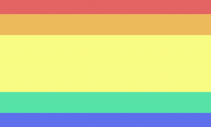 Uma bandeira composta por cinco faixas horizontais, nas cores vermelha, laranja, amarela, verde e azul. Todas as cores possuem tons relativamente claros. A proporção das faixas é 2:3:8:3:2.