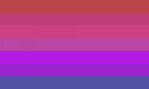 Uma bandeira composta por 7 faixas horizontais do mesmo tamanho. A primeira faixa é marrom avermelhada e a última é azul escura, e as outras são tons de rosa e roxo.