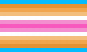 Retângulo composto por 13 faixas horizontais do mesmo tamanho, nas cores azul, laranja escura, laranja, laranja clara, branca, rosa clara, rosa, rosa clara, branca, laranja clara, laranja, laranja escura e azul.