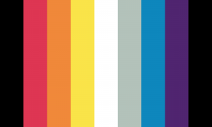 9 faixas verticais do mesmo tamanho, nas cores preta, vermelha, laranja, amarela, branca, cinza, azul, roxa e preta.