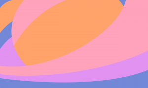 Um retângulo com várias formas diferentes meio caóticas nas cores laranja, rosa, roxa e azul. Todas as cores possuem tons pouco saturados.