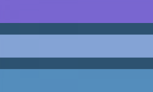 Cinco faixas horizontais, nas cores azul arroxeada, azul escura, azul acinzentada, azul escura e azul esverdeada.