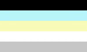 Bandeira composta pot 5 faixas horizontais do mesmo tamanho, nas cores preta, azul clara, amarela clara, branca e cinza clara.