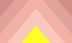 Uma série de triângulos apontados para cima. Há um triângulo amarelo na parte central encostado na linha de baixo da bandeira, e vários triângulos/chevrons em tons de rosa fracos que parecem sair desse triângulo. Os quatro tons de rosa vão de um bem claro até um relativamente escuro.