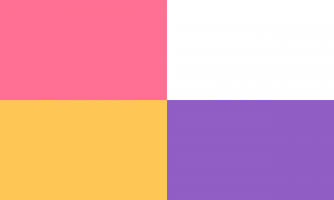 Uma bandeira dividida em quadrantes do mesmo tamanho. O superior esquerdo é rosa, o superior direito é branco, o inferior esquerdo é laranja claro e o inferior direito é roxo.