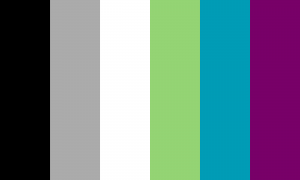 Uma bandeira composta por 6 faixas verticais do mesmo tamanho, nas cores preta, cinza, verde, verde água e roxa.