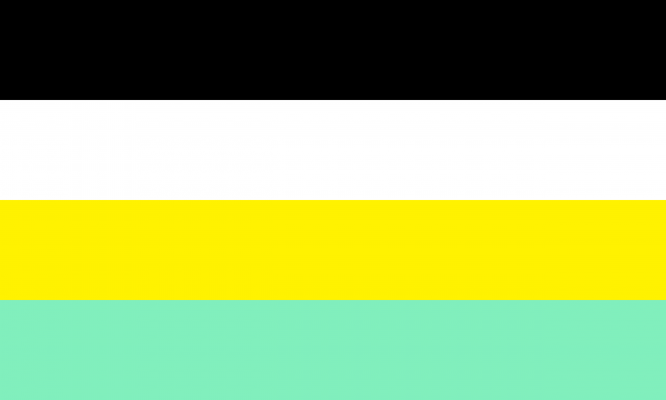 Retângulo composto por quatro faixas horizontais do mesmo tamanho, nas cores preta, branca, amarela e verde água.