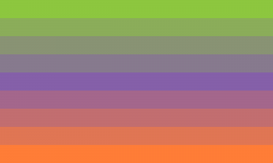 Bandeira composta por 9 faixas horizontais do mesmo tamanho, que vão de uma espécie de degradê entre as cores verde (no topo), roxa (no meio) e laranja (embaixo).
