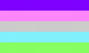 Cinco faixas horizontais do mesmo tamanho: Roxa, rosa, cinza, azul e verde.