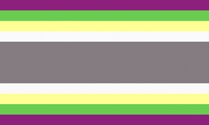 Um retângulo composto por 9 faixas horizontais, na proporção 1:1:1:1:4:1:1:1:1, com as cores roxa, verde, amarela, branca, cinza, branca, amarela, verde e roxa, respectivamente. Os tons das cores são diferentes dos da bandeira dubgênero original, e são menos saturadas em geral.
