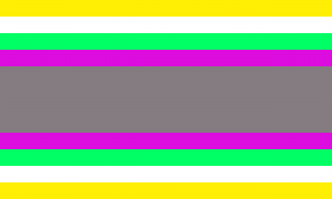 Um retângulo composto por 9 faixas horizontais, na proporção 1:1:1:1:4:1:1:1:1, com as cores amarela, branca, verde, magenta, cinza, magenta, verde, branca e amarela, respectivamente.