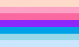 Retângulo composto por sete faixas horizontais do mesmo tamanho, nas cores bege, rosa clara, rosa, roxa, azul, turquesa clara e azul clara.