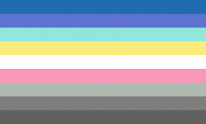Retângulo composto por nove faixas horizontais do mesmo tamanho, nas cores azul, índico, ciano clara, amarela, branca, rosa, cinza clara, cinza e cinza escura.