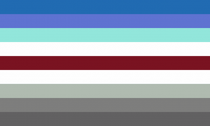 Retângulo composto por nove faixas horizontais do mesmo tamanho, nas cores azul, índigo, ciano clara, branca, marrom avermelhada, branca, cinza clara, cinza e cinza escura.