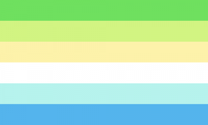 Seis faixas horizontais do mesmo tamanho, nas cores verde, verde clara, amarela clara, branca, azul clara e azul.