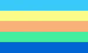 Retângulo composto por 5 faixas horizontais do mesmo tamanho, nas cores azul clara, amarela, laranja clara, verde clara e azul.