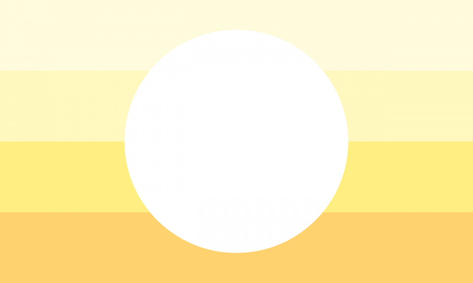 Retângulo composto por quatro faixas horizontais do mesmo tamanho, em tons da cor amarela que vão de um mais claro a um mais escuro que pode também ser interpretado como uma versão pastel da cor laranja. Um círculo branco cobre completamente o centro da bandeira.