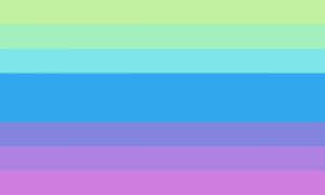 Retângulo composto por sete faixas horizontais, sendo que a central tem o dobro do tamanho das outras, nas cores verde clara, verde água, azul clara, azul, azul quase roxa, roxa e magenta.