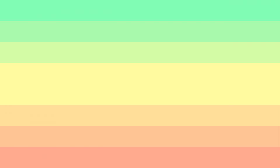Sete faixas horizontais, sendo que a do meio é maior do que todas as outras. Suas cores são verde água, verde clara, verde limão clara, amarela, laranja clara, laranja avermelhada clara e salmão.