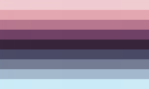 Retângulo composto por nove faixas horizontais do mesmo tamanho. As primeiras cinco faixas são como um degradê que vão de um tom claro de rosa até um tom escuro de roxo. As outras quatro faixas são cores entre tal faixa roxa até uma faixa azul clara.