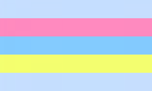Uma bandeira composta por 5 faixas horizontais de mesmo tamanho, nas cores azul clara, rosa, azul, amarela e azul clara. Todas as cores possuem tons meio pastéis.