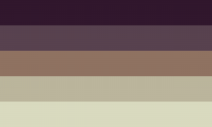 Retângulo composto por cinco faixas horizontais do mesmo tamanho, nas cores roxa escura, marrom arroxeada, marrom, bege escura e amarela acinzentada.