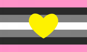 Uma bandeira dividida em 7 faixas horizontais de mesmo tamanho, sendo elas rosa, preta, cinza, branca, cinza, preta e rosa. No centro da bandeira, há um coração amarelo que vai um pouco além das faixas de cor cinza.