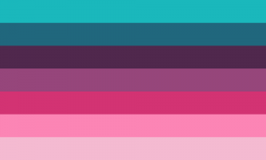 Um retângulo composto por 7 faixas horizontais do mesmo tamanho. Suas cores são turquesa, turquesa escura, roxa escura, roxa, rosa escura, rosa e rosa clara.
