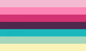 Um retângulo composto por 7 faixas horizontais do mesmo tamanho, nas cores rosa clara, rosa, rosa escura, roxa escura, turquesa, verde e amarela clara.